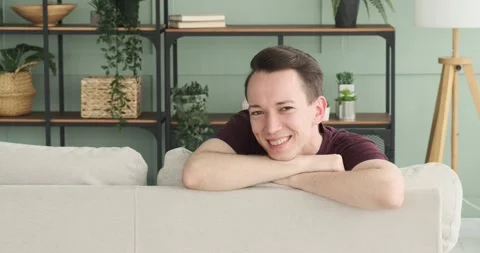 Handsome Young Man Sitting on Sofa Turning and Smiling at the Camera Stock Footage 248532773