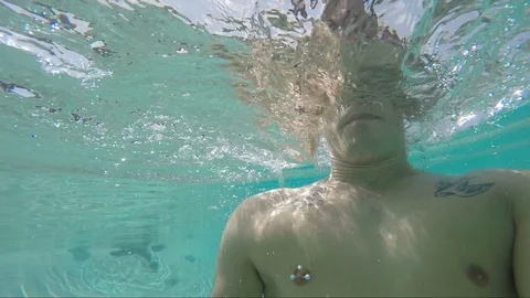 Handsome young man swimming in pool, underwater shot Stock Footage 103273231