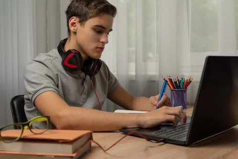 Handsome young man using laptop computer at home. Online shopping, home work, Stock Photos