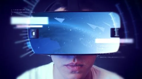 Handsome young man wearing VR headset and experiencing virtual reality. Stockillustratie