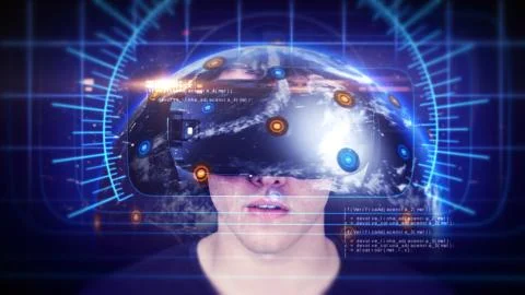 Handsome young man wearing VR headset and experiencing virtual reality. Stock Illustration