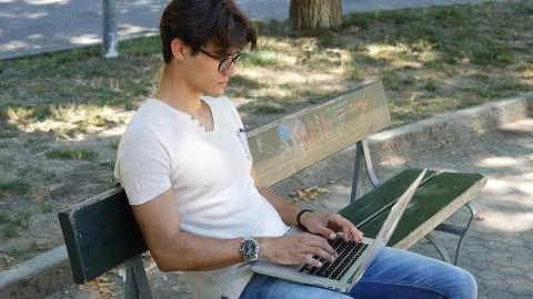 Handsome young man working at computer in park Stock Photos