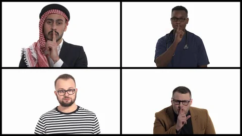 Handsome young men demonstrating silence sign. Keeping secret concept. Shh sign, Stock Footage 129750288
