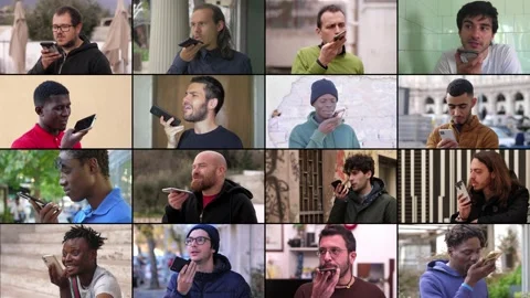 Handsome young men using voice assistant on mobile phone  Stock Footage 219429995