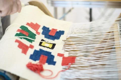 Handwoven Textile Forms Pattern on Loom Stock Photos