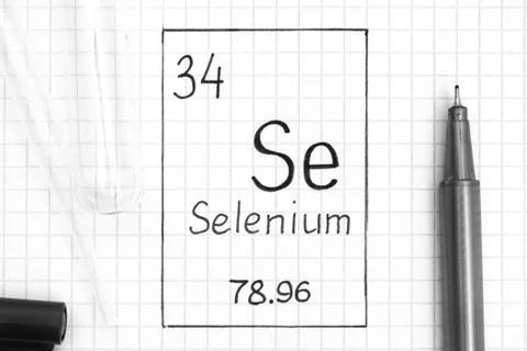 Handwriting chemical element Selenium Se with black pen, test tube and pipett 写真素材