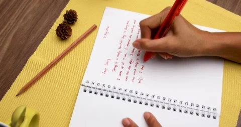 Handwriting a Diary with a Red Pen Overhead Shot Close Up of Woman's Hand. Stock Footage 158594053