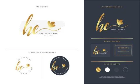 Handwriting initial of letter HE H E logo design with butterfly. Stock Illustration