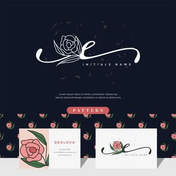 Handwriting letter E logo design with rose Stock Illustration