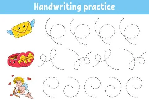 Handwriting pactice. Education developing worksheet. Activity page. Valentine Illustrazione stock