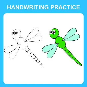 Handwriting practice. Draw lines and color the dragonfly. Educational kids ga Stock Illustration