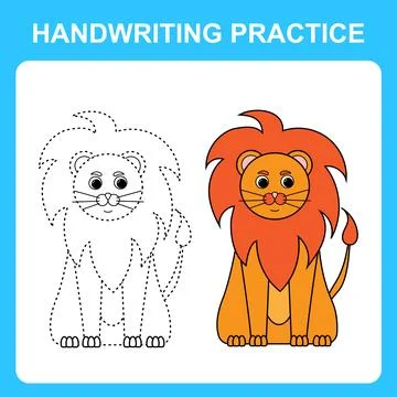 Handwriting practice. Draw lines and color the lion. Educational kids game, c Stock Illustration