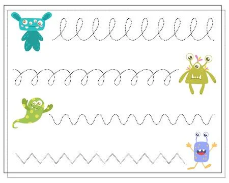 Handwriting practice, Educational game for Kids, cartoon monsters, aliens Stock Illustration