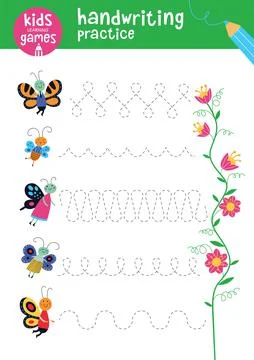 Handwriting practice. Kids learning games collection. Cute butterfly. Illustrazione stock