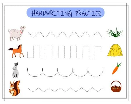 Handwriting practice sheet. Educational children game. Tracing lines for ki.. Stock Illustration