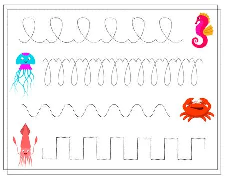 Handwriting practice sheet. Educational children game restore the dotted li.. Stock Illustration