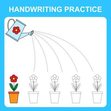 Handwriting practice sheet illustration. Coloring page. Watering flowers from Stock Illustration