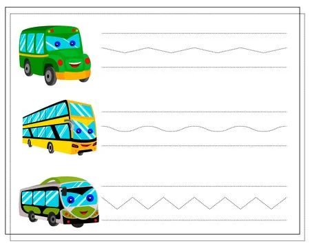 Handwriting practice sheet. restore the dotted line, a cartoon bus with eye.. Stock Illustration