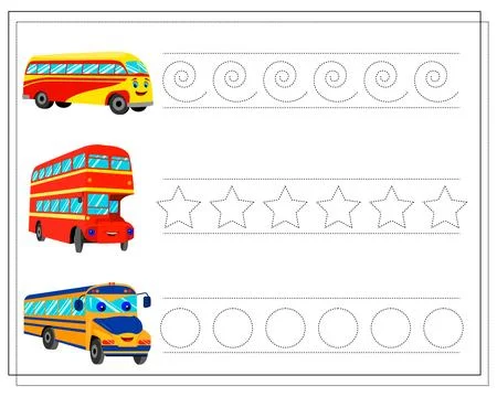 Handwriting practice sheet. , restore the dotted line, cartoon bus with eye.. Stock Illustration