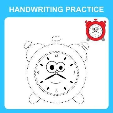 Handwriting practice. Trace the lines and color the alarm clock. Educational Illustrazione stock