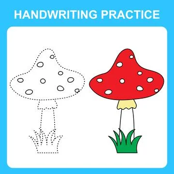 Handwriting practice. Trace the lines and color the fly agaric mushroom. Educ Stock Illustration