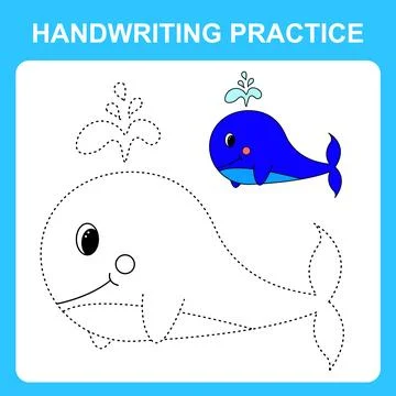 Handwriting practice. Trace the lines and color the whale. Educational kids g Stock Illustration