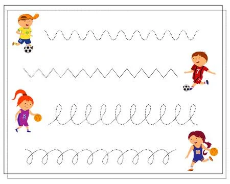 The handwriting practice worksheet. Guide cute cartoon football and basketbal Stock Illustration