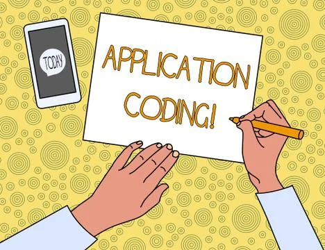 Handwriting text Application Coding. Concept meaning process by which a mobile Stock Illustration