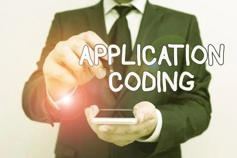 Handwriting text Application Coding. Concept meaning process by which a mobile Foto stock
