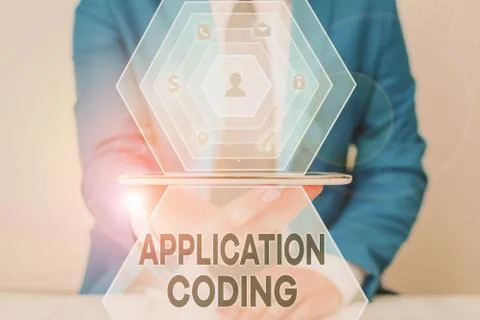 Handwriting text Application Coding. Concept meaning process by which a mobile Foto stock