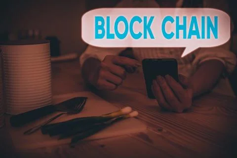 Handwriting text Block Chain. Concept meaning system in which a record of Foto stock