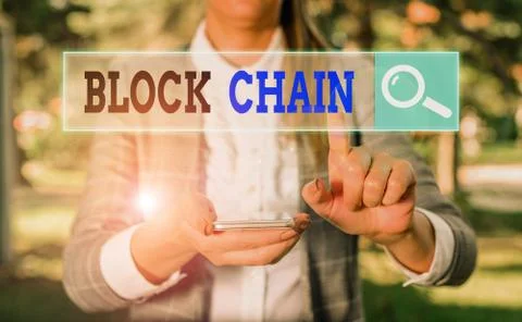 Handwriting text Block Chain. Concept meaning system in which a record of Foto stock