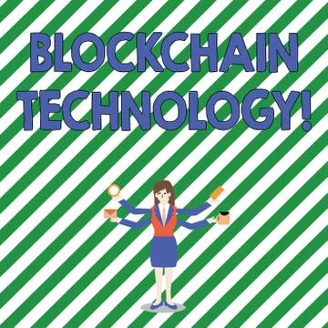 Handwriting text Blockchain Technology. Concept meaning Manage the database that Stock Illustration