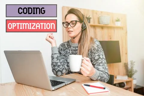 Handwriting text Coding Optimization. Business approach method of code Foto stock