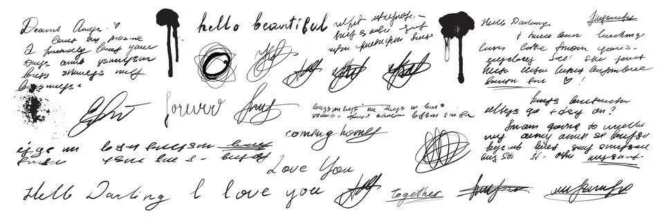 Handwriting text collection, vector love letter signature, black ink Illustrazione stock