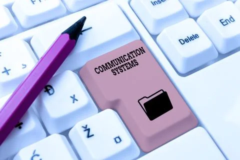 Handwriting text Communication Systems. Word Written on Flow of Information use Stock Photos