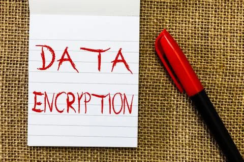 Handwriting text Data Encryption. Concept meaning Symmetric key algorithm for Stock Photos