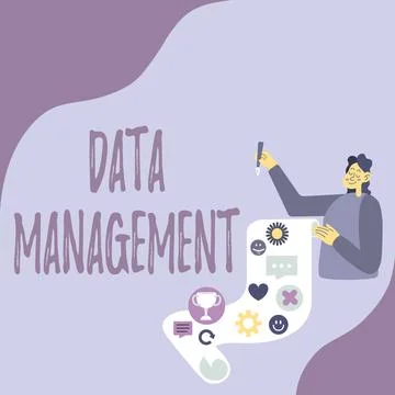 Handwriting text Data Management. Word for The practice of organizing and 库存插图