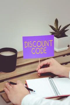Handwriting text Discount Code. Business showcase to reduce the price of a Stock Photos