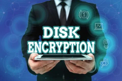 Handwriting text Disk Encryption. Business showcase the security mechanism used Stock Photos