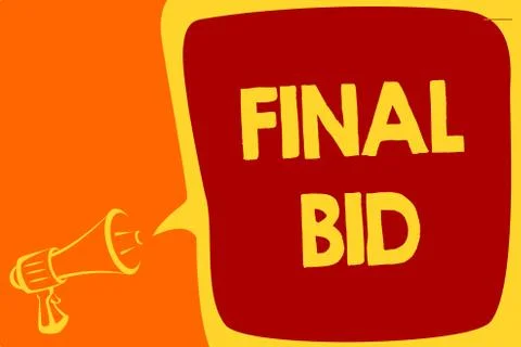 Handwriting text Final Bid. Concept meaning The decided cost of an item which is Illustration
