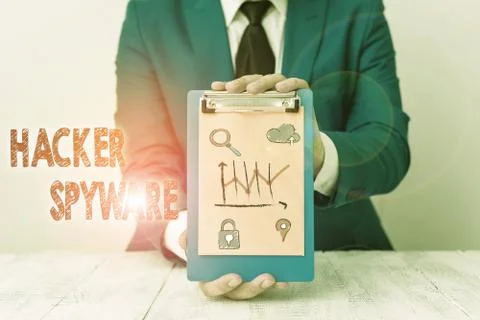 Handwriting text Hacker Spyware. Concept meaning infiltration software that 스톡 사진