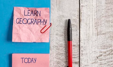 Handwriting text Learn Geography. Concept meaning study of physical features of Stock Photos