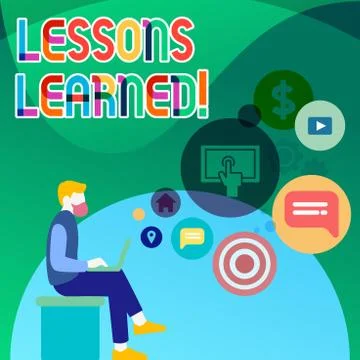 Handwriting text Lessons Learned. Concept meaning experiences distilled proje Illustrazione stock