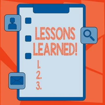 Handwriting text Lessons Learned. Concept meaning experiences distilled project Illustrazione stock