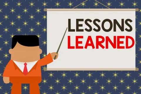 Handwriting text Lessons Learned. Concept meaning the knowledge or understanding Illustrazione stock