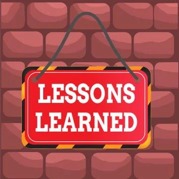Handwriting text Lessons Learned. Concept meaning experiences distilled project Illustrazione stock