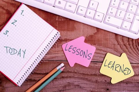 Handwriting text Lessons Learned. Word for Promote share and use knowledge 스톡 사진
