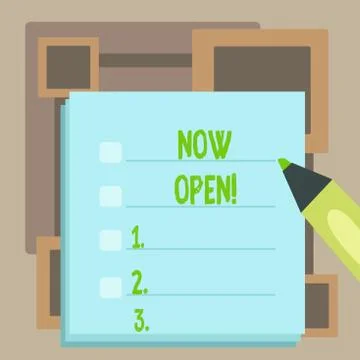 Handwriting text Now Open. Concept meaning leave door or windows not closed or Ilustración de archivo