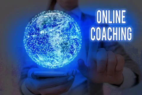 Handwriting text Online Coaching. Concept meaning Learning from online and Fotos de archivo